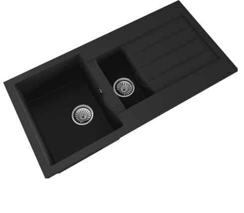 Balterley Composite Kitchen Sink with Drainer & Overflow Hole, 100cm Bowl Inset Black Kitchen Sink, 1.5 Double Bowl Reversible Sinks with Grooved Drainer - 1000 x 500 x 200mm (Dark Grey)