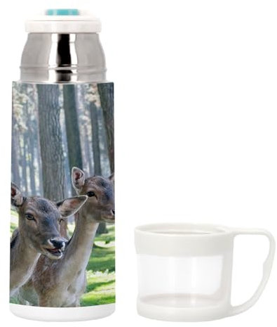 Thermoskanne aus Edelstahl mit integrierter Tasse – niedliches Hirsch im Wald – 350 ml – Thermosflasche
