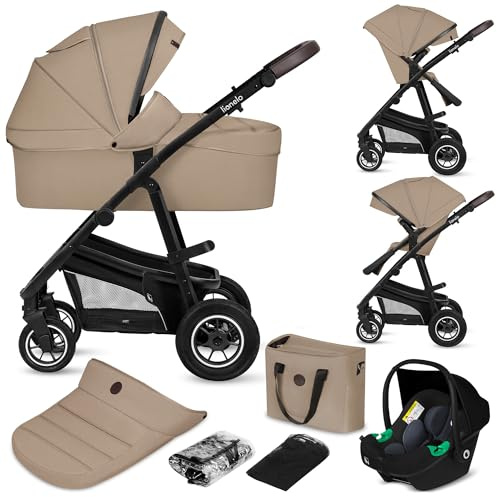 LIONELO BIANKA Cochecito de Bebé 3 en 1 (22 kg) Portabebés (9 kg) Silla de Coche (13 kg), Plegable, Sistema de Viaje Respaldo Ajustable Ruedas 360o Amortiguación, Capota XXL, Carrito de Bebe (Beige)