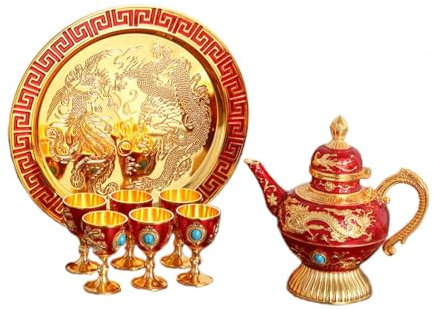perfk Juego de cafetera turca, Juego de decantador de Vino, Juego de Vino Decorativo de Lujo, Juego de Tetera, Juego de Servicio de té para Mesa de Comedor, Rojo Dorado