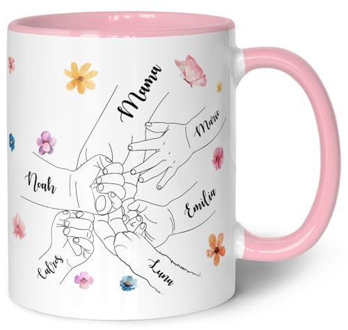 GRAVURZEILE Bedruckte Tasse - Kinderhände halten Mama - Personalisiert mit Namen - Anpassung bis zu 4 Kinder - Geschenk für Mutter zum Muttertag - Spülmaschinenfest - Farbe: Rosa