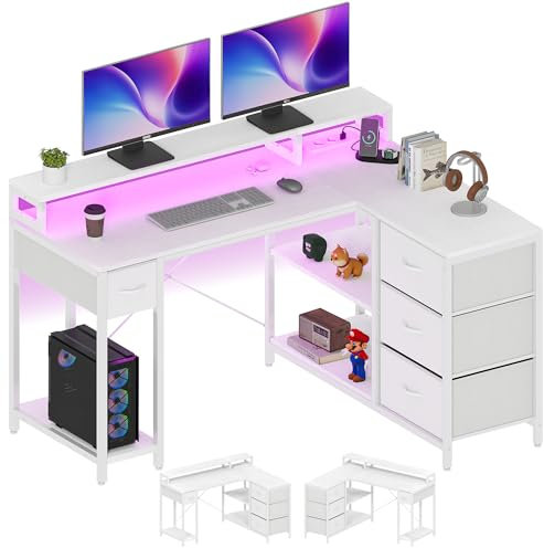 YITAHOME L Form Schreibtisch mit USB Ladeanschluss und Steckdose,Reversible Eckschreibtisch mit 4 Schubladen und Regal,Gaming Schreibtische mit Monitorständer,140x100 cm Computertisch für Büro,weiß