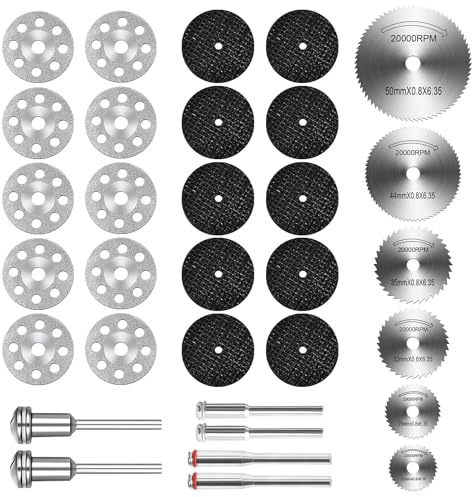 32Pcs Cutting Wheels for Dremel Rotary Tool, Cutting Disc Set 6Pcs HSS Circular Saw Blades with 1/8 Shank 10Pcs Diamond Cutting Wheels 10Pcs Resin Cutting Discs for DIY-Craft Wood Glass Metal Stone