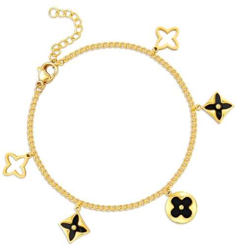 FEITENGU Gold Schwarz Kleeblatt Armband Silber 925 Damen,Titan Medizinische Chirurgenstahl Edelstahl Verstellbar Armbänder,Schmuck,Geburtstag JahrestagGeschenke,Geschenke für Frauen