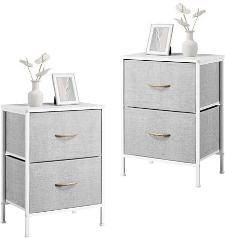 Yaheetech Bedside Tables Set of 2, Bedroom Bedside Cabinet, Nightstand with 2 Large Capacity Fabric Storage Drawers and Metal Frame for Bedroom, Living Room, Light Grey and White, 45 x 30 x 61.5 cm