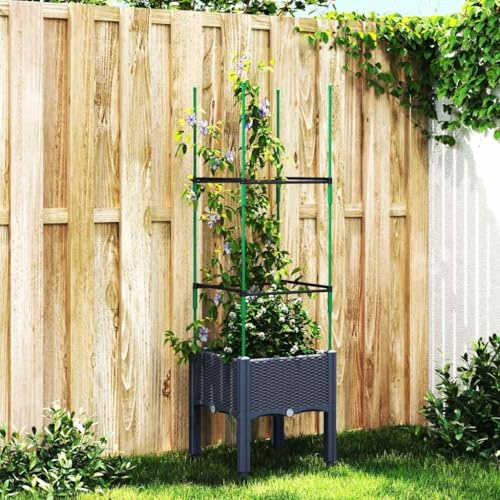 QJBSAVVA Bac à fleurs avec treillis gris bleu 40 x 40 x 142 cm 5 cm - En polypropylène - Avec treillis - Pour plantes grimpantes - Durable - Pour jardin, terrasse et balcon