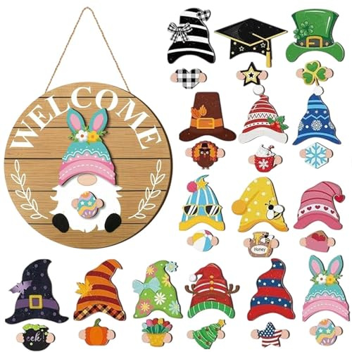 Lot de 30 panneaux de bienvenue interchangeables en bois avec aimants et chapeaux amovibles, décoration DIY pour porte d'entrée, véranda, décoration murale, 30 cm (E)