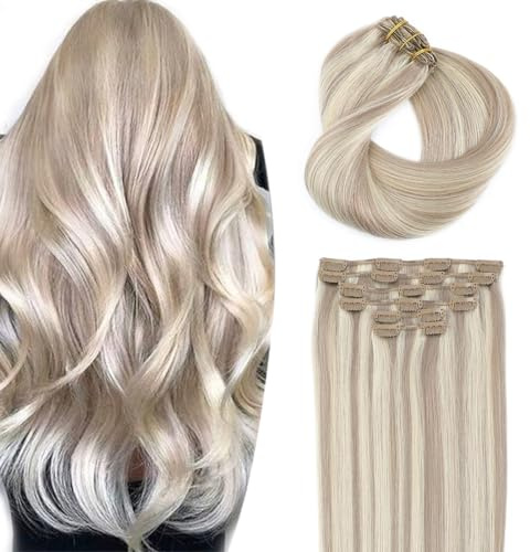 SURNEL Clip in Extensions Echthaar Blond Extensions 35cm Dreckiges Blond Highlights Bleichblond Clip in Echthaar 100g 6 Stück(#18p613-14Zoll)
