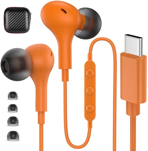 AIAUXAI USB C Headphones Wired Earbuds for Samsung S26 S25 S24 A17,Orange | in-Ear Corded Earbud Type C Headphones with Microphone Magnetic for iPhone 17 16 15 Pro Max/iPad 11th 10/Pixel 10 9a Earphone