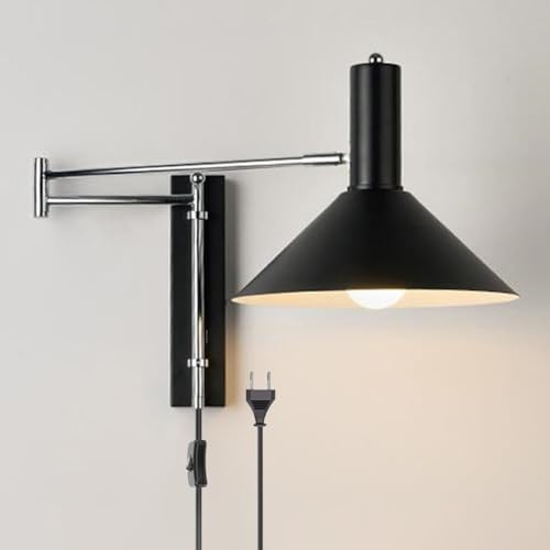 LOGT Schwenkarm Wandleuchten mit Schalter und Kabel Wandlampe lnnen Vintage Industrie Wandbeleuchtung Verstellbar Langer Arm Wand Leselampe Drehbare 360 ° Flexarm für Wohnzimmer Büro,Schwarz