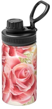 Bouteille d'eau isotherme à double paroi en acier inoxydable pour boissons chaudes et froides - Motif fleurs de roses roses - 355 ml