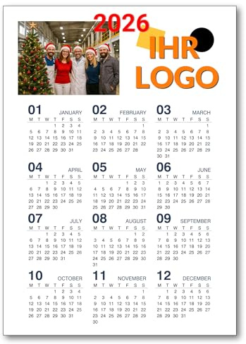 Kalender 2026 personalisiert mit Firmen Logo - A4 A3 A2 Wandkalender mit Foto - 12 Monate Jahreskalender, Business Geschenk