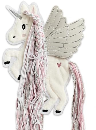 Applikation Pegasus mit Wollmähne Rosa Altrosa Silber Aufbügler Einhorn mit Flügel für DIY Schultüte Zuckertüte Bügelbild Patch Bügelpatch Pferd weiß Glitzer (Groß (14x19 cm))