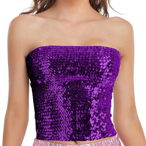 Pailletten Oberteil Damen, Glitzer Pailletten Tank Top Trägershirt Damen Tube Top Ärmellos Bandeau Tops für Fasching Party Glitzer Bandeau Tops Party Club Outfits Bauchtanz Kostüm