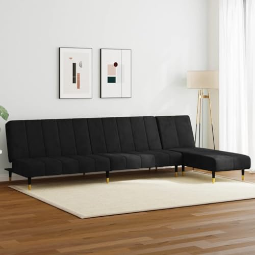 Owoxanthellate 2-TLG. Schlafsofa Schwarz Samt 200x84,5x69 cm mit Recamiere, Schlaf- & Relaxfunktion, 110 kg/Sitz, gepolsterte Chaiselongue für Wohnzimmer Jugendzimmer Gästezimmer