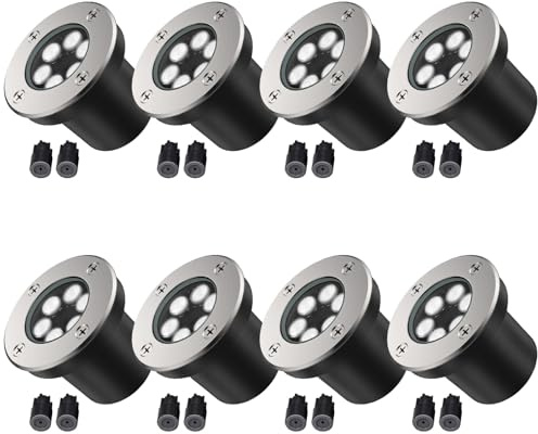JESLED Low Voltage Landscape Lights, 6W LED Well Lights IP67 Waterproof, 6000K Bright White In-Ground Lights with Wire Connectors for Pathway, Deck, Patio, Yard, Garden (8 Pack)