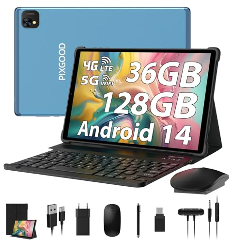PIXGOOD 10 Zoll Android Tablet 4G LTE und 5G WiFi, 36 GB RAM, 128 GB ROM (1 TB erweiterbar), Octa-Core, INCELL 1980 * 1200, 13 MP+8 MP, Tablet mit Tastatur-GPS/Bluetooth (Blau)