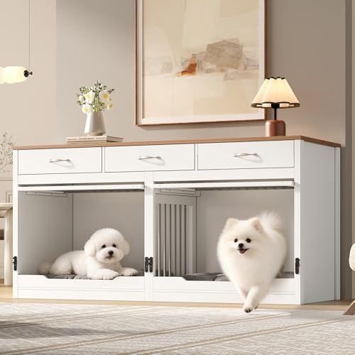 Holz-Metall-Möbel-Hundekäfig, Hundekäfig, für 2 Hunde, Innen-Hundehütte, Klappdeckel, abnehmbare Trennwand, 3 Schubladen, XXL, 164×60×81cm (Weiß + Holzoptik)