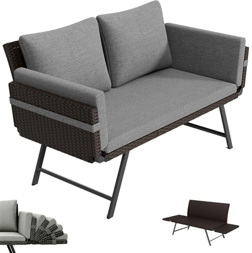 BYYBOU Gartensofa 2 Sitzer mit Liegefunktion, Verstellbare Couch klappbarer Armlehnen, Outdoor schlafsofa mit Kissen, Polyrattan Gartenbank Lounge Sofa für balkonmöbel,Terrasse, Gartenmöbel (Dunkel)