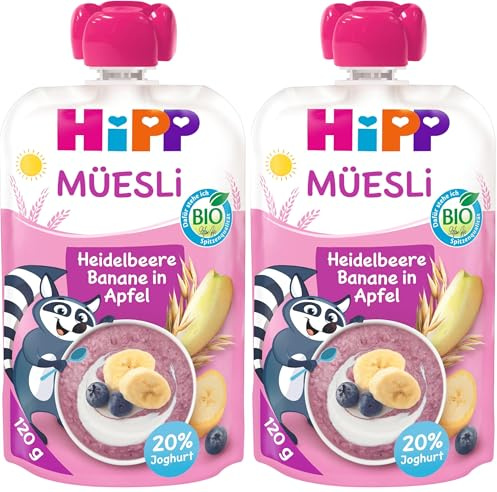 HiPP Müesli Heidelbeere Banane in Apfel mit Joghurt, Quetschie ab 1 Jahr, (6 x 120g) (Packung mit 2)