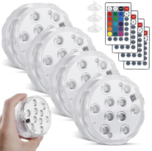 Éclairage Piscine LED Submersible Étanche avec Télécommande, Minuterie, 10 LEDs et Ventouse pour Vase, Fête Halloween, Noël, Piscine, Étang, Mariage, Lot de 4