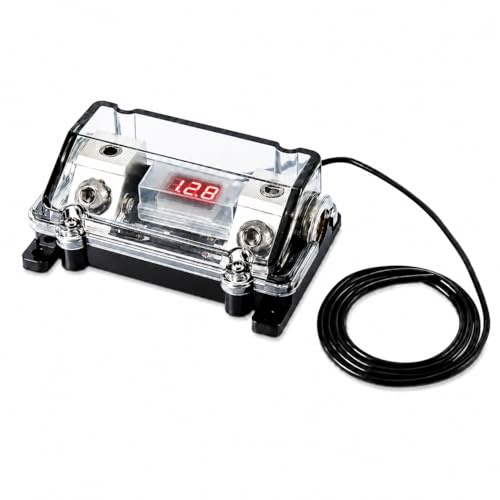 Sinustec SHD ANL-Sicherungshalter mit roter digitaler Voltanzeige, spritzwassergeschützter Sicherungsblock für Car-HiFi, bis 50 mm² Kabel, mit Reduzierhülsen bis 35 mm², Maße 106 x 70,5 x 39 mm
