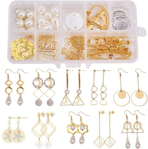 SUNNYCLUE 1 Box DIY 10 Pairs Geometrische Hohle Ohrring Machen Starter Kit Klassische Runde Quadrat Herz Dreieck Charm ConnectorSchmuck Making Supplies Handwerk für Anfänger