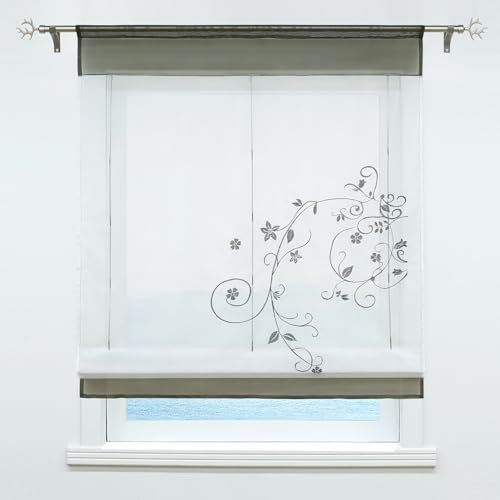 ESLIR Raffrollo Weiß Raffgardine Transparent Vorhänge küche Gardinen Bändchenrollo Tunnelzug Bestickt Voile Grau BxH 100x140cm 1 Stück