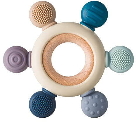 Arudyo Silikon Beißring BPA-frei für Baby - Ruder Greifling Zahnen Spielzeug mit Hölzernem Ring - Nursing Zubehör (Grau)