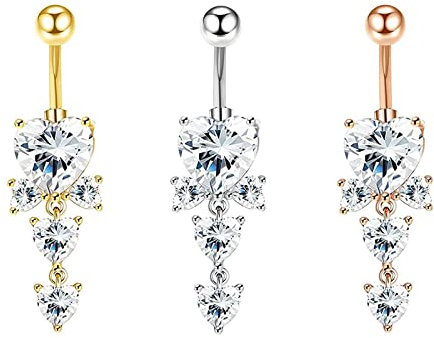 Beydodo Bauchnabelpiercing Set 14 Gauge 316L Chirurgenstahl, Bananabell Piercing Herz Anhänger mit Zirkonia Körperpiercing Bauchnabelringe Tricolor