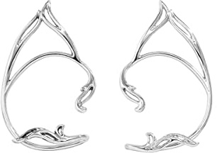 QIAMNI enkel 2 stycken ihåliga kattöron manschett öronklämmor utan piercing örhänge för kvinnor flickor smycken (silver)
