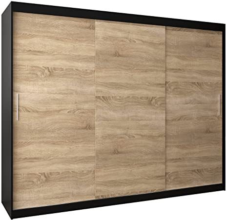 ABIKSMEBLE Tokyo 250 Armario de Dormitorios con Tres Puertas Correderas - Armario de Almacenamiento Moderno con Perchero y Estantes - 250x200x62 cm - Negro Mate + Sonoma