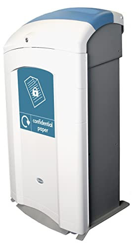 Glasdon Nexus 100 Confidential Paper Recycling Bin (Grey, Blue Sticker) - 100-Litre Secure Lockable Container for Confidential Documents - Slim Recycling Bin with Keyed Lock