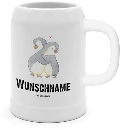 Mr. & Mrs. Panda Personalisierter Bierkrug Pinguine Kuscheln - Personalisierte Geschenke, Geschenk für Partner, Frauen, Mitbringsel, Mit Namen, Hochzeitstag, Freundin, 0, 1 L, Bierseidel Wunschname