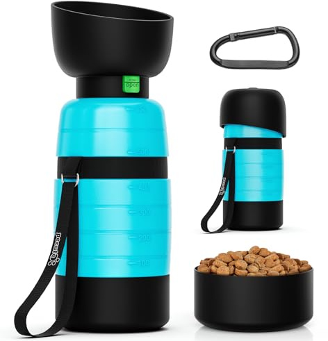 Pecute Trinkflasche Hunde für Unterwegs, 3-in-1 mit Futterbehälter | 3-in-1 Flasche, Schale & Futterbehälter, BPA-frei, Auslaufsicher, mit Karabiner, Leicht, für Spaziergänge im Freien, Reisen