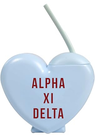 Sorority Shop Alpha Xi Delta Tumbler with Straw - Candy Heart Shaped 16 Oz Tumbler with Lid and Silicone Straw, Reusable Plastic Cup with Screen Printed Sorority Name for any Cold Drink