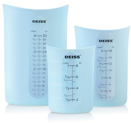 Deiss PRO 3 Piece Silicone Measuring Cup Set - Versatile & Durable, Easy-Pour Spout, Non-Stick for Easy Clean, Heat-Resistant - Squeeze & Pour Liquid Measuring Cups - Ideal for Baking, Cooking, Resin