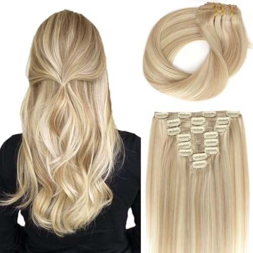 ABH AMAZINGBEAUTY HAIR Echthaar Clip Ins Extensions 40cm P16/22 Hellblonde Highlights Goldblond Dickes Glattes Haar Clip Ins aus Echtem Echthaar 8 Stück/120g Doppelter Schuss Weiches Clip in Haar
