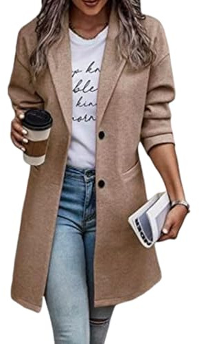 Onsoyours Damen Winter Blazer Mantel Lang Wollmantel Warme üBergangsjacke Einfarbig Blazer Jacke Herbst Winter Jacke Outwear Mantel Trenchcoat Slim Langer Jacken A Khaki XXL