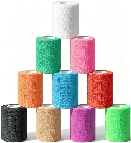 10 Rouleaux 7,5 cm x 4,5 m Bandage Autoadhésif Bande Strapping Adhésif pour Humains et Animaux Bande Cohesive pour Protéger Poignets, Chevilles, Genoux, Muscles (Multicolore)