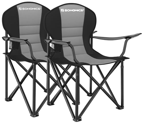 SONGMICS GCB206G01 Beach Chair Set of 2 Camping Chairs with Drink Holder Foam Padding Foldable 250 kg Load Capacity Outdoor Chair Grey/Black