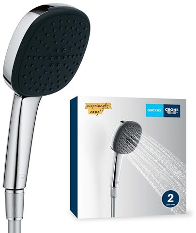 GROHE Vitalio 110, Duschkopf mit Schlauch, 14l pro Min (Handbrause 2 Strahlarten, Universalanschluss, Silikonring schützt bei Stürzen, Duschbrause mit Duschschlauch 1,5m), eckig, chrom, 26973001