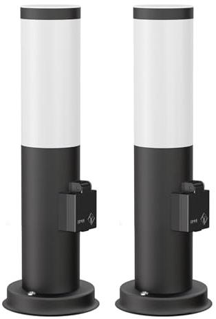 ledscom.de 2 Stück Pollerleuchte PORU mit Steckdose für außen, schwarz, 39 cm, inkl. E27 Lampe, Energieeffizienzklasse A (warmweiß, 4W, 935lm)