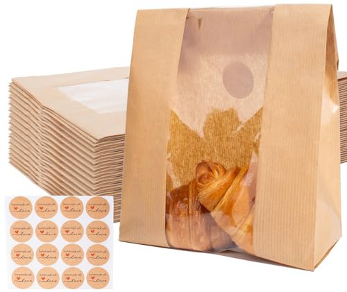 SUNPRO Paper Bread Bags 100 Packs Homemade Bread Storage Bags with Clear Window Large Size Sourdough Bread Bags with Seal Stickers Bakery Packaging Bags for Cookies, Candies and Treats
