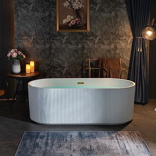 WOODBRIDGE 67 L x 31-1/2 W Freestanding Contemporary Soaking Bathtub,Unique Pleated Design,with Brushed Gold Pop-Up Drain Drain and Overflow Option, White,B1526-BG