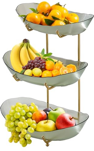 Irishom 3 Tier Acrylic Fruit Bowl for Kitchen Counter with Metal Stand and Serving Bowls for Vegetable Storage, Snacks, Nuts, Cake, Dessert - Party Wedding Buffet