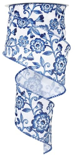 JarThenaAMCS Blue White Floral Wired Edge Ribbon Chinoiserie Flower Craft Ribbon Decorative Fabric Ribbon for Wreath Bow Making DIY Crafts Wrapping Party Decor Supplies, 1 Roll, 12 Yard