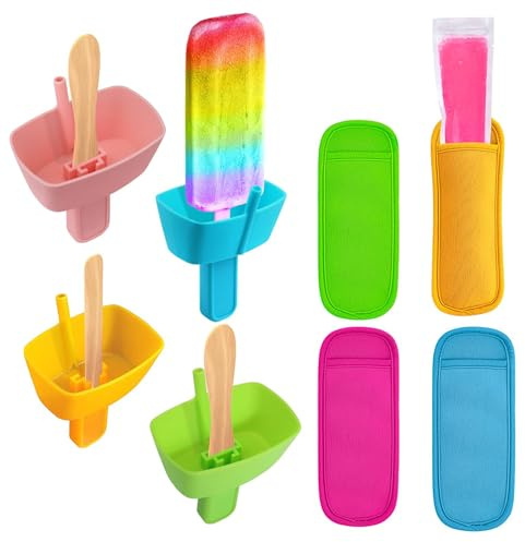 Hebterrka 8-teiliges Eis am Stiel Halter und Popsicle Ärmel Set für Kinder,Tropffreie Silikon Popsicle Halter mit Strohhalm und wiederverwendbare Neopren Eis Popsicle Ärmel