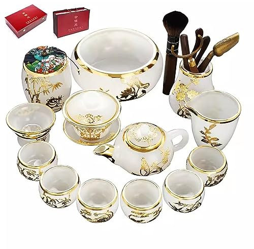 FHPEWXDG Set da tè, Set da tè pomeridiano, Set da tè per Adulti, Set da tè in Giada intarsiata in Oro, Set da teiera e Tazza per la casa