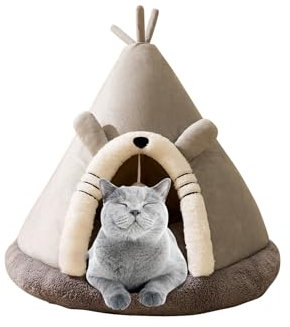 Galatée Katzenhöhlenbett, Bequemes Dreieckiges Haustier-Tipi, Hunde-Iglu-Zelt, Gemütliches Haustiernest, Weiches Plüsch-Haustierbett, Warmes Haustierzelt Für Katzen Und Hunde(XL, Graue Katze)